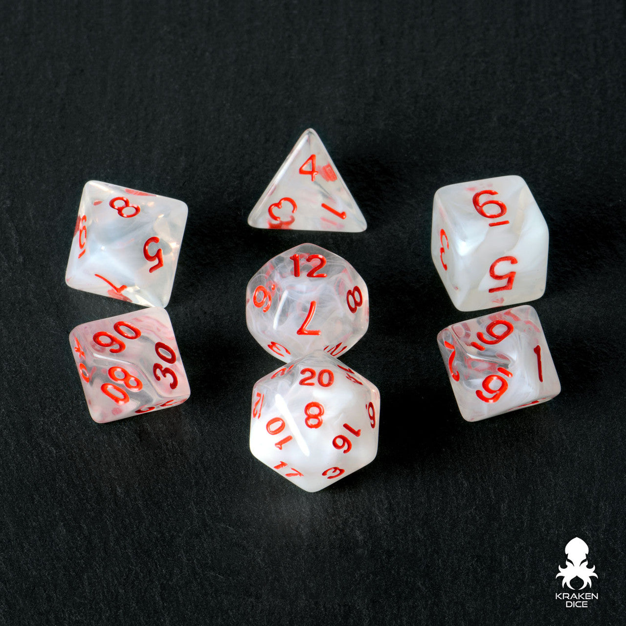 Autumn Fog Translucent Dice With White Swirls and Red Ink